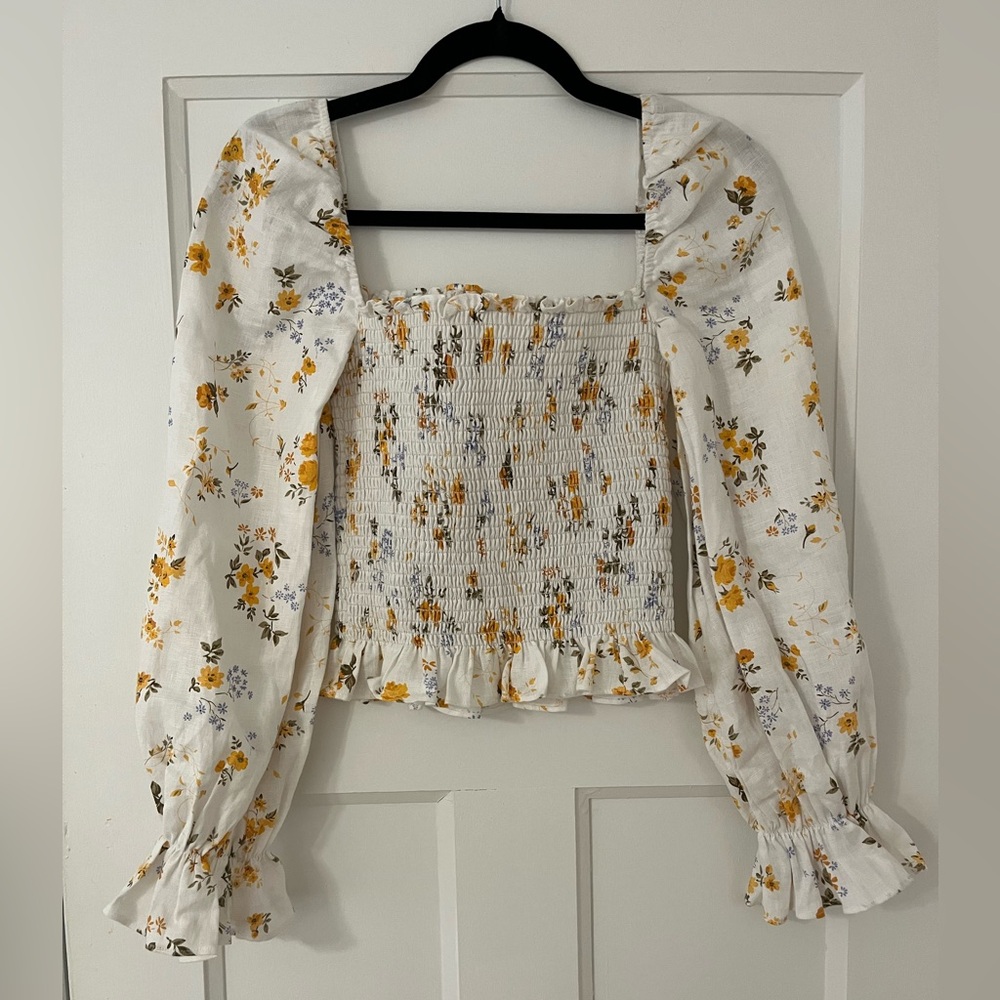 Reformation White Puff Sleeve Smocked Blouse